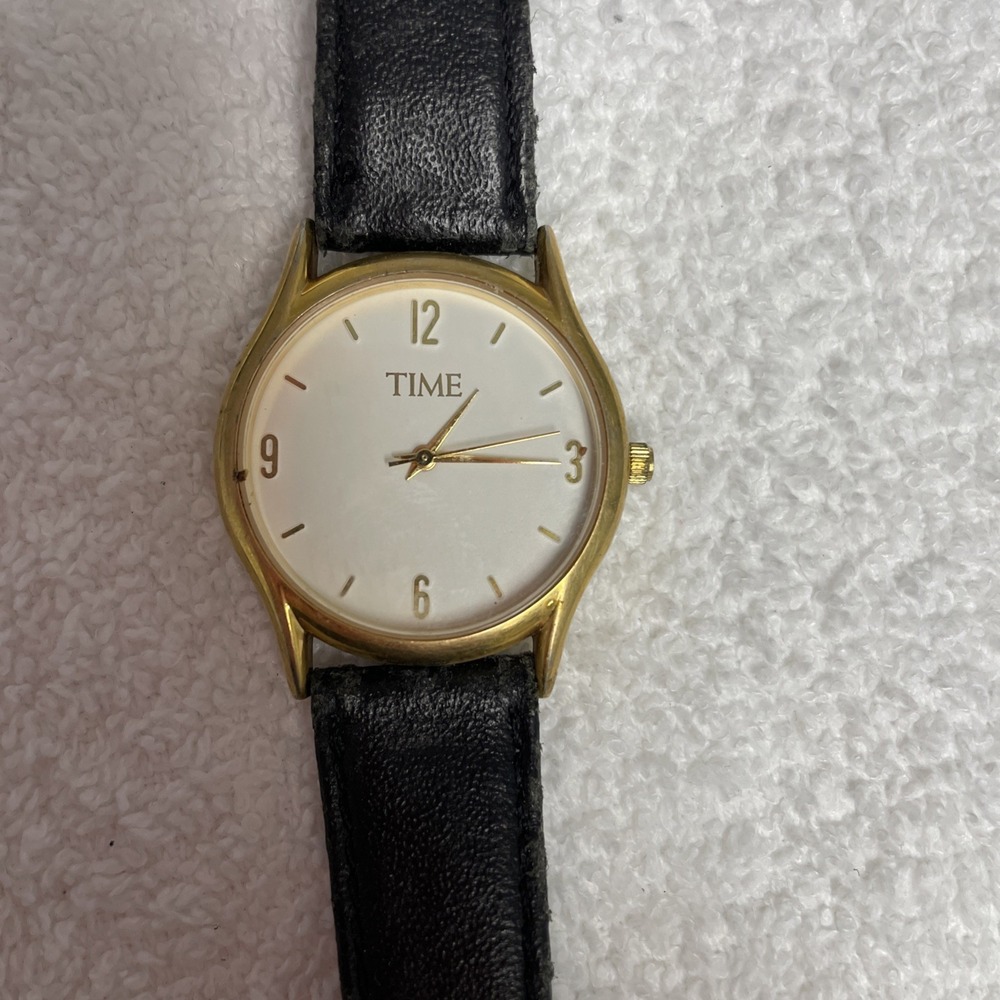 Vintage Mens Time Dressy Gold Tone Black Leather Strap Analog Quartz Watch‎ #7